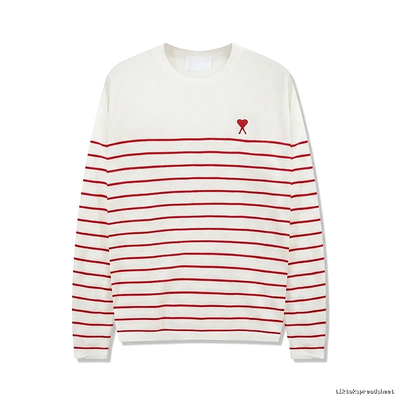 AMI Stripe Heart White Sweater