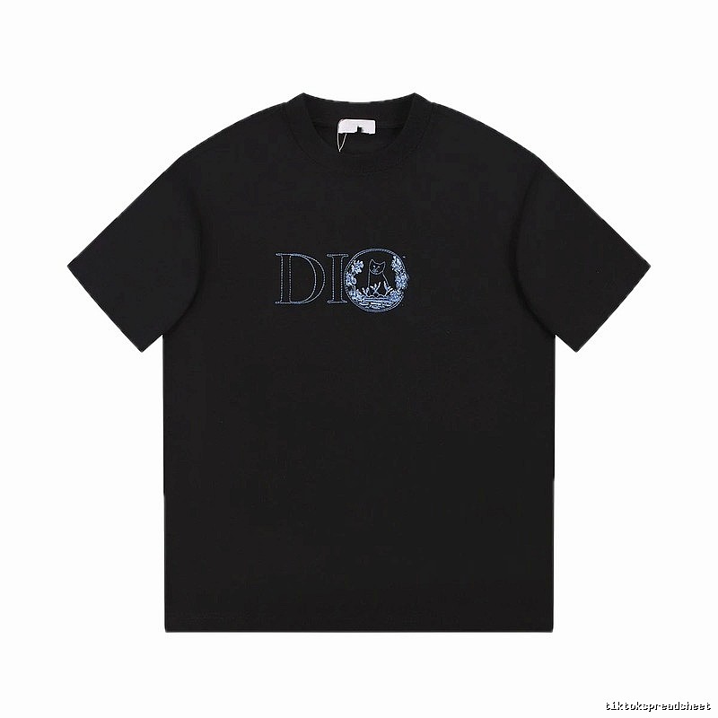 Dior Cat-Embroidered Casual Black T-Shirt