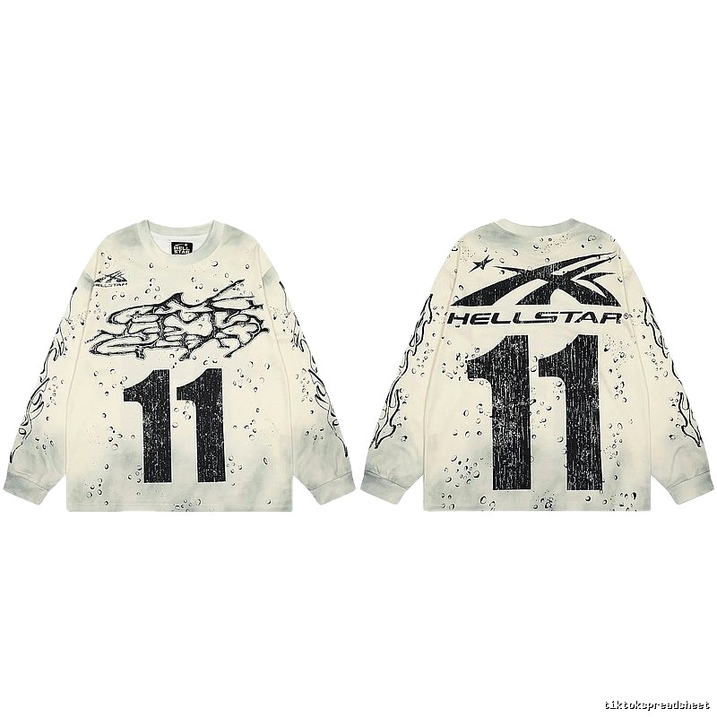 Hellstar No.11 Distressed Street Style Off-white Long Sleeve T-shirt
