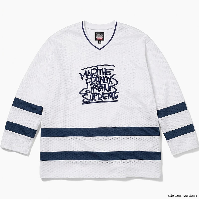 Supreme graffiti-style white and blue jersey